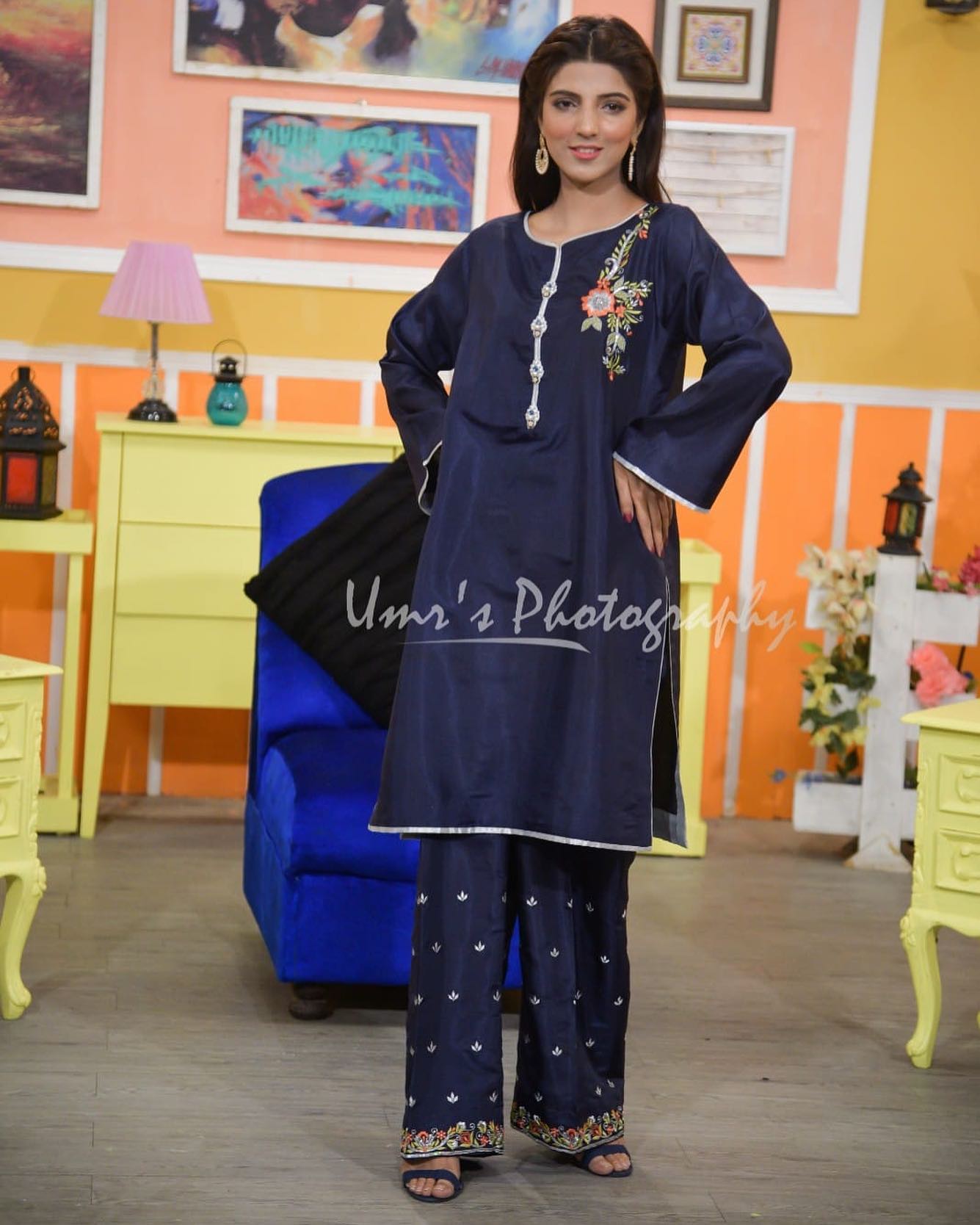 Enchanting Indigo: Navy Blue Raw Silk Two-Piece Dress with Silver Piping, Exquisite Handwork on Trouser, and Motif on Shirt, adorned with Silver Buttons