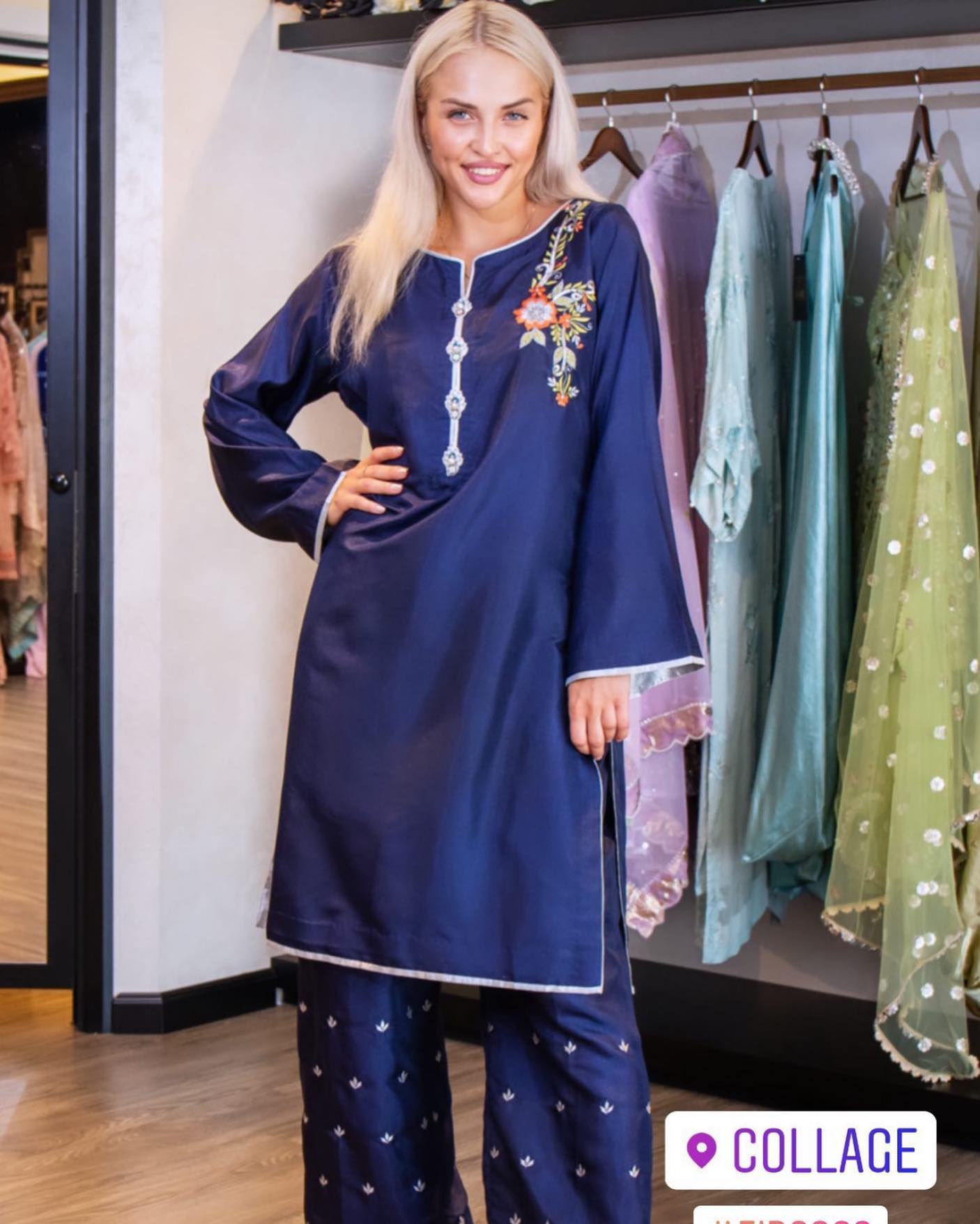 Enchanting Indigo: Navy Blue Raw Silk Two-Piece Dress with Silver Piping, Exquisite Handwork on Trouser, and Motif on Shirt, adorned with Silver Buttons